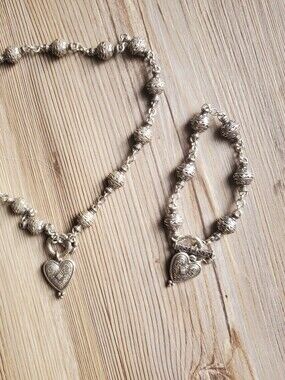 Brighton Silver Heart Charm Beaded Necklace & Bracelet Set - Women Jewelry EUC
